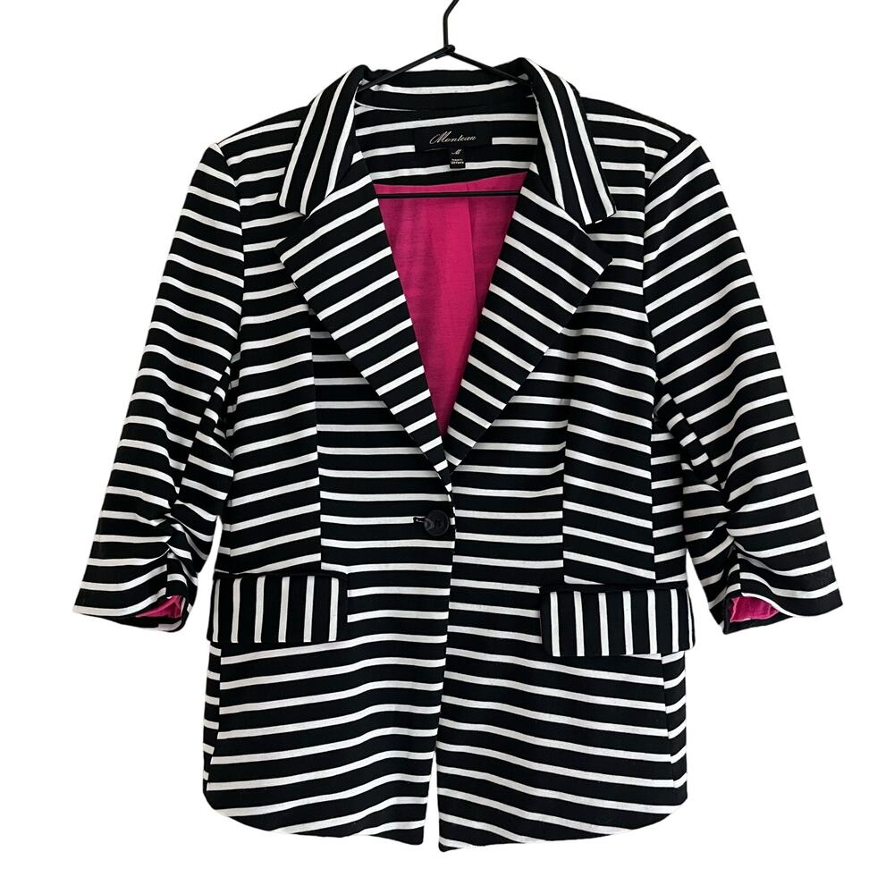 Monteau Stripe Blazer Jacket Black White Hot Pink Lined Stretch Button Size Med